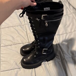 Dream Pairs Black Lace-Up Knee-High Moto Boots with Buckles